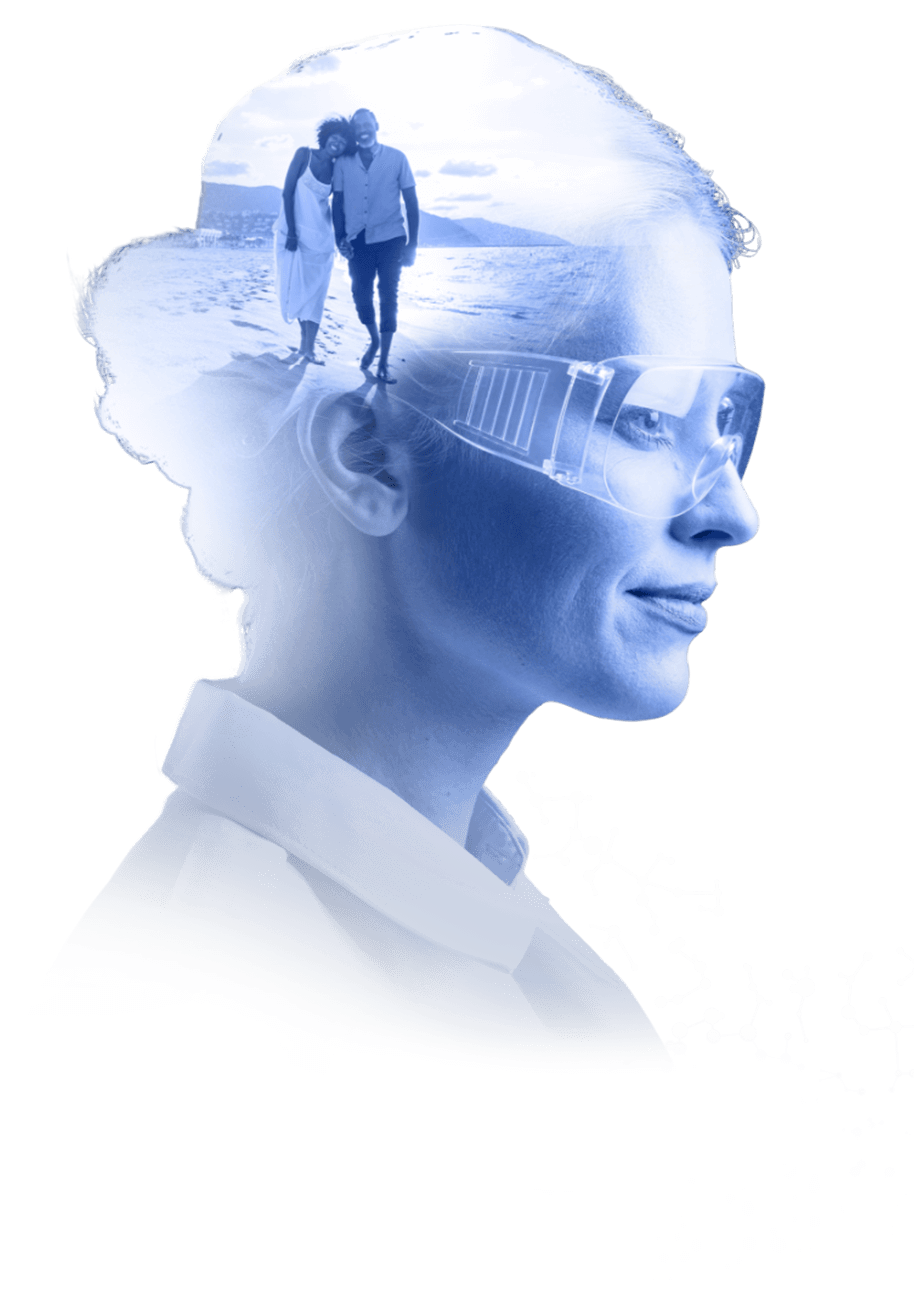 Lab employee looking forward visioning a couple in her mind